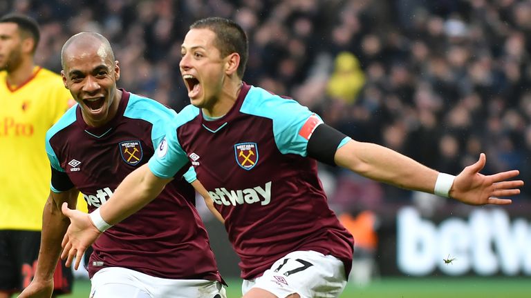 Javier Hernandez celebrates with West ham team-mate Joao Mario