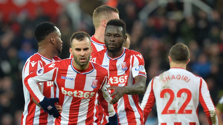 STOKE ON TRENT, ENGLAND - FEBRUARY 10: Jese of Stoke City argues with his team mates over who will take the penalty in the final moments of the game during