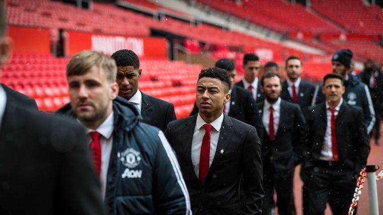 MANCHESTER, ENGLAND - FEBRUARY 06:  (EXCLUSIVE COVERAGE) Marcus Rashford and Jesse Lingard of Manchester United attend a service to commemorate the 60th an