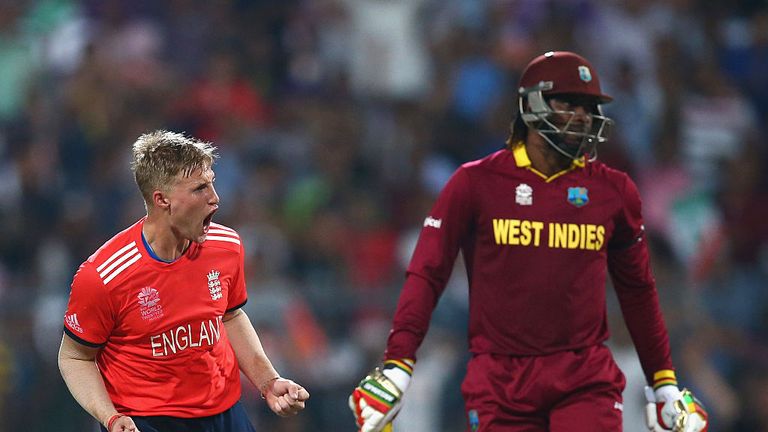 KOLKATA, WEST BENGAL - APRIL 03:  Joe Root of England celebrates after taking the wicket of Chris Gayle of the West Indies during the ICC World Twenty20 In