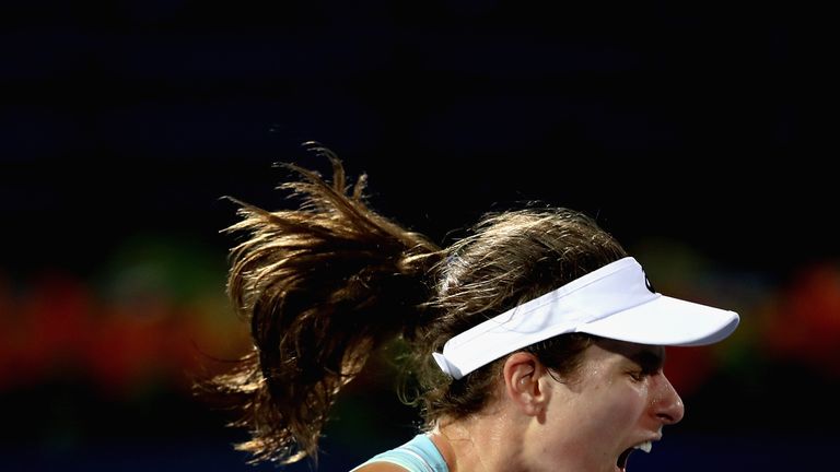 Johanna Konta celebrates during her win over Anastasia Pavlyuchenkova