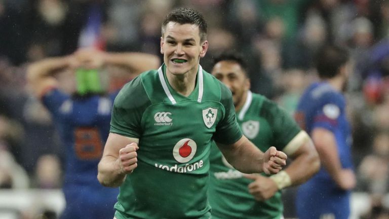 Ireland's fly-half Jonathan Sexton celebrates after scoring a drop goal during the Six Nations rugby union match between France and Ireland at the Stade de