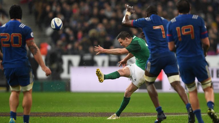 PARIS, FRANCE - FEBRUARY 03:  Jonathan Sexton of Ireland drops a long range goal to win the match for Ireland in the NatWest Six Nations match between Fran