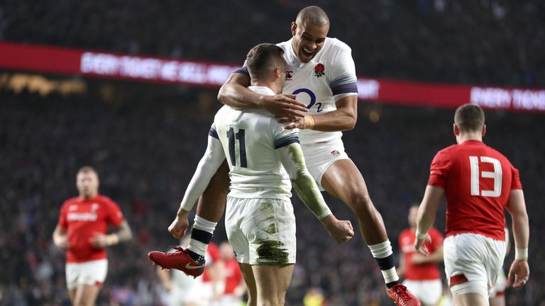 LONDON, ENGLAND - FEBRUARY 10:  Jonny May of England celebrates with teammate Jonathan Joseph after scorings his sides first try with during the NatWest Si