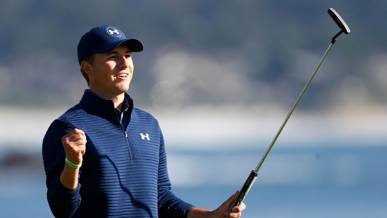 PEBBLE BEACH, CA - FEBRUARY 12:  Jordan Spieth reacts after putting out on the 18th green to win the AT&T Pebble Beach Pro-Am at Pebble Beach Golf Links on