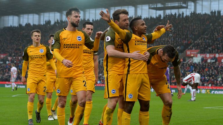 Jose Izquierdo celebrates after opening the scoring for Brighton