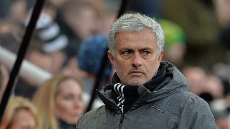 NEWCASTLE UPON TYNE, ENGLAND - FEBRUARY 11: Manchester United Manager Jose Mourinho gestures from the sideline during the Premier League match between Newc