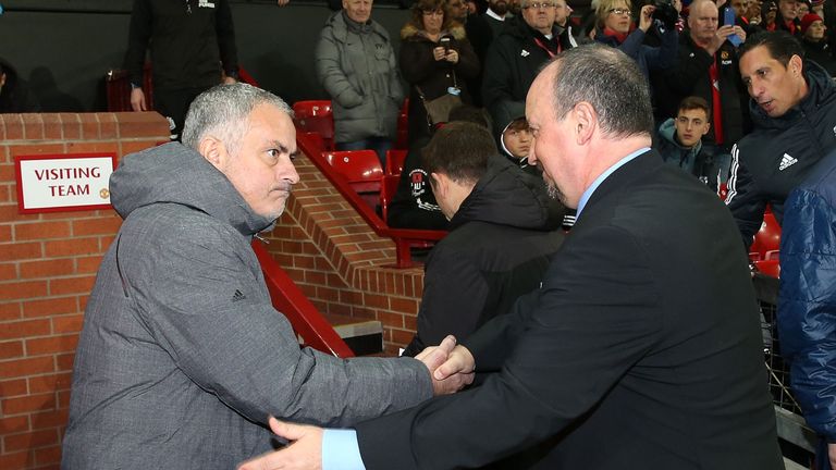 Jose Mourinho greets Rafael Benitez at Old Trafford