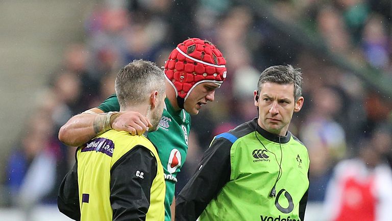 Ireland's Josh van der Flier leaves the field with an injury during the NatWest 6 Nations match at the Stade de France, Paris.