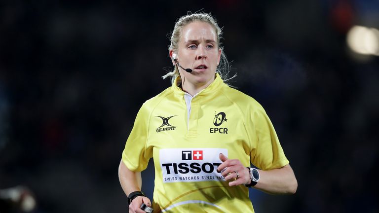 BORDEAUX, FRANCE - DECEMBER 15:  Referee Joy Neville looks on during the European Challenge Cup match between Union Bordeaux Begles and Ensei-STM at stade 