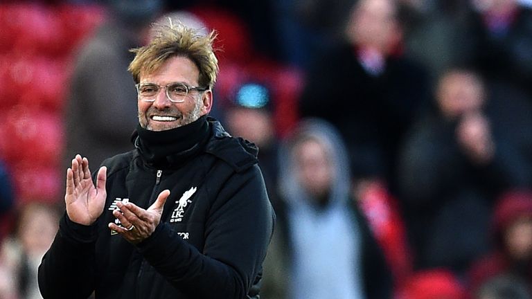 Jurgen Klopp celebrates the 4-1 win over West Ham at the final whistle