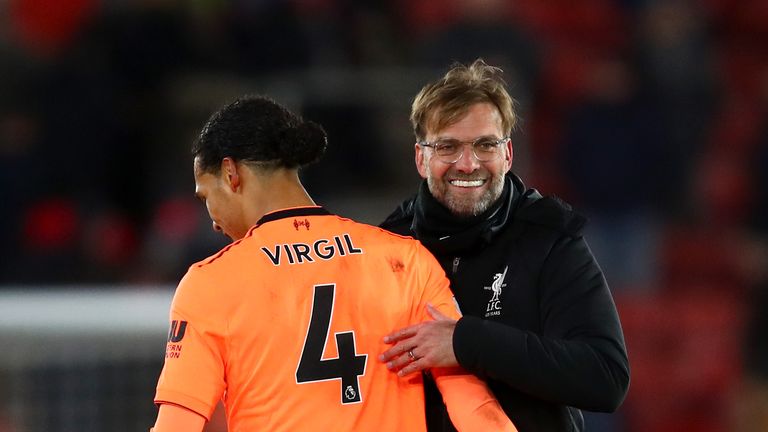 SOUTHAMPTON, ENGLAND - FEBRUARY 11: Jurgen Klopp, Manager of Liverpool and Virgil van Dijk of Liverpool celebrate victory together after the Premier League