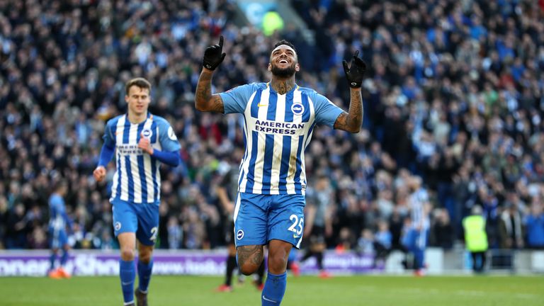 BRIGHTON, ENGLAND - FEBRUARY 17:  Jurgen Locadia of Brighton and Hove Albion celebrates scoring his side's first goal during the The Emirates FA Cup Fifth 
