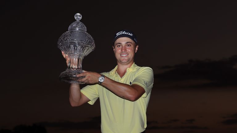 PALM BEACH GARDENS, FL - FEBRUARY 25:  Justin Thomas poses with the trophy after winning The Honda Classic at PGA National Resort and Spa on February 25, 2