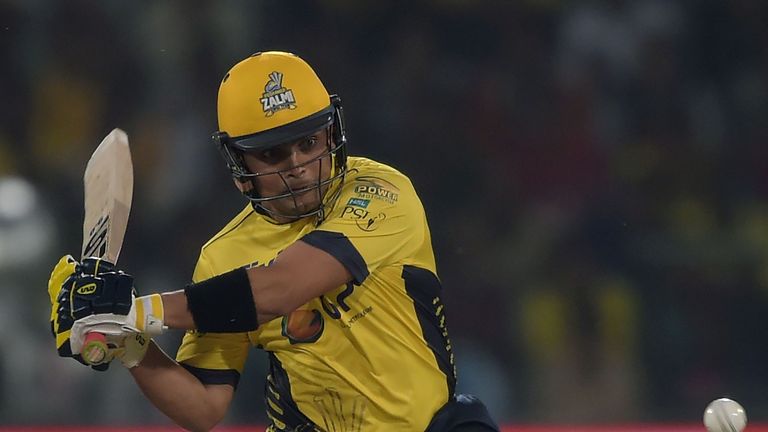 Kamran Akmal of Peshawar Zalmi plays a shot during the final cricket match of the Pakistan Super League (PSL) between Quetta Gladiators and Peshawar Zalmi 