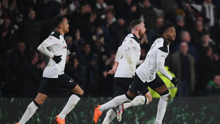 DERBY, ENGLAND - FEBRUARY 21:  Kasey Palmer of Derbycelebrates scoring to make it 2-2 during the Sky Bet Championship match between Derby County and Leeds 