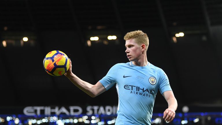 MANCHESTER, ENGLAND - FEBRUARY 10:  Kevin De Bruyne of Manchester City retrieves the ball during the Premier League match between Manchester City and Leice