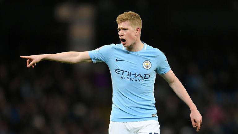MANCHESTER, ENGLAND - JANUARY 31:  Kevin De Bruyne of Manchester City  points during the Premier League match between Manchester City and West Bromwich Alb