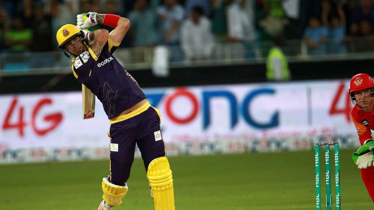 Kevin Peterson of Quetta Gladiators plays a shot against Islamabad United during the final of Pakistan Super League at the Dubai cricket stadium on Februar