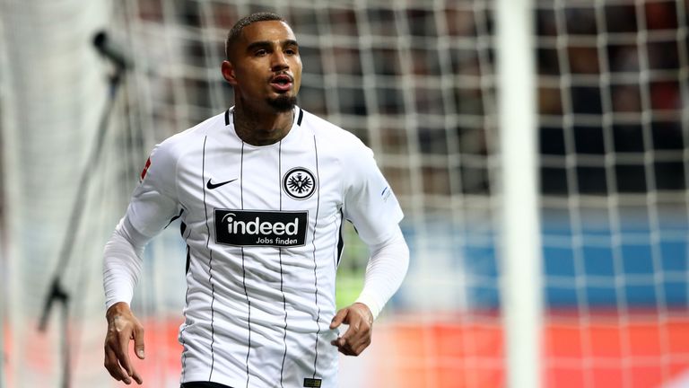 (L) of Frankfurt and of Leipzig battle for the ball during the Bundesliga match between Eintracht Frankfurt and RB Leipzig