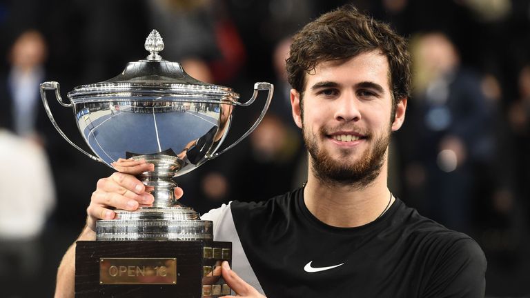 Russian Karen Khachanov poses with the trophy after winning against Frenchman Lucas Pouille during the final match of the ATP Marseille Open 13 Provence te