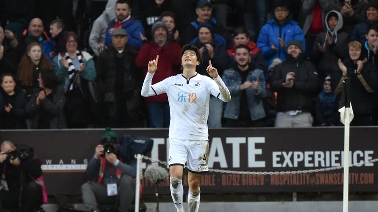 Ki Sung-yueng celebrates his winner in the Premier League match at home to Burnley
