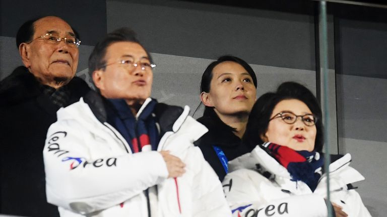 Kim Yo-jong sits behind South Korea president, Moon Jae-in, during the Opening Ceremony