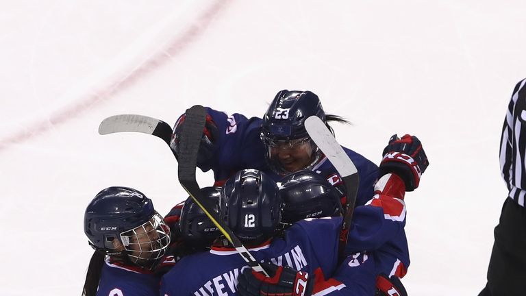 Korea celebrate after Randi Heesoo Griffin scored their first Olympic goal