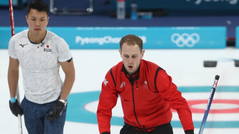 Chris Smith, Kyle Waddell and Kyle Smith of Great Britain compete during the Curling Men's Round Robin