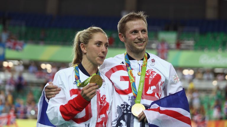 RIO DE JANEIRO, BRAZIL - AUGUST 16:  Gold medalist Jason Kenny of Great Britain is joined by girlfriend, cycling gold medalist Laura Trott of Great Britain