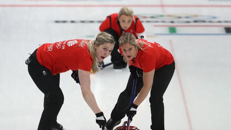 GANGNEUNG, SOUTH KOREA - FEBRUARY 15:  Lauren Gray, Vicki Adams and Anna Sloan of Great Britain compete during the Curling Women's Round Robin Session 2 he