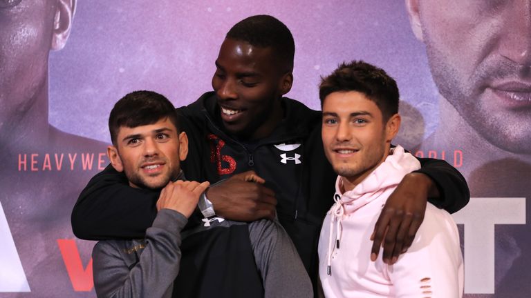 LONDON, ENGLAND - APRIL 27:  Joe Cordina (L) and Joshua Kelly (R) pose for photos with Lawrence Okolie, prior to their fight as Anthony Joshua and Wladamir