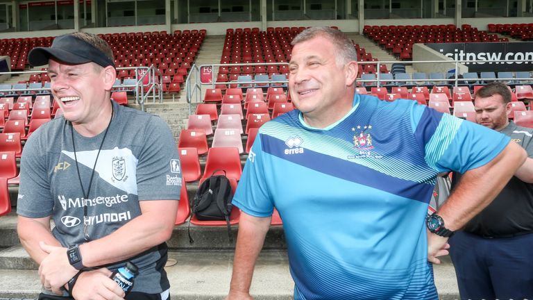 Lee Radford & Shaun Wane share a joke at the WIN Stadium, Wollongong, Australia