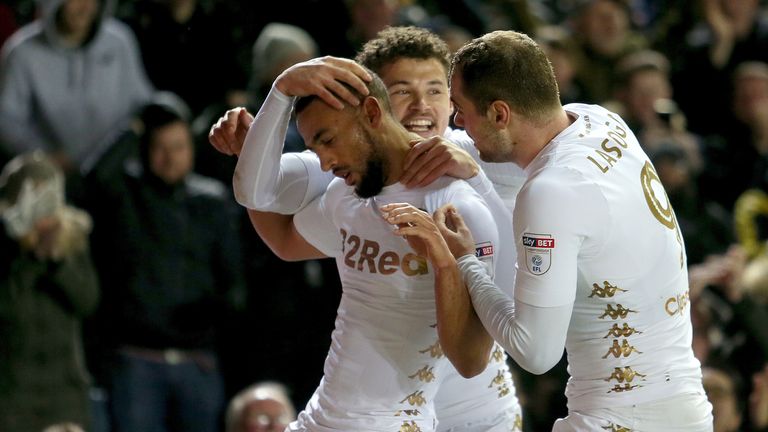 Leeds United's Kemar Roofe celebrates with Pierre-Michel Lasogga and Kalvin Phillips after he scores to make it 2-2 v Bristol City, Sky Bet Championship