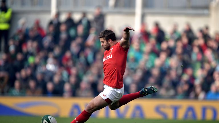  Leigh Halfpenny of Wales kicks a penalty during the Six Nations Championship  at the Aviva Stadium