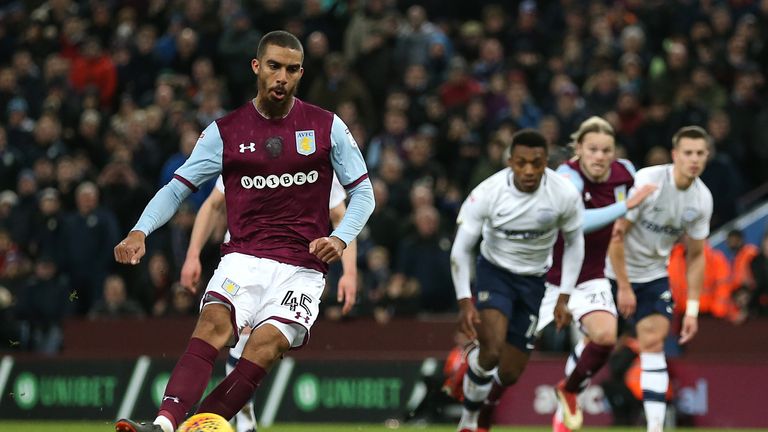 Aston Villa's Lewis Grabban scores his side's first goal of the game from the penalty spot during the Sky Bet Championship match at Villa Park, Birmingham.