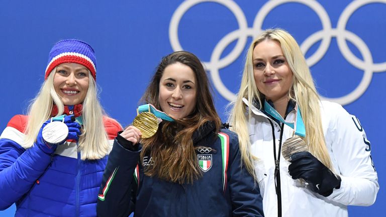 (L-R) Norway's silver medallist Ragnhild Mowinckel, Italy's gold medallist Sofia Goggia and USA's bronze medallist Lindsey Vonn pose on the podium during t