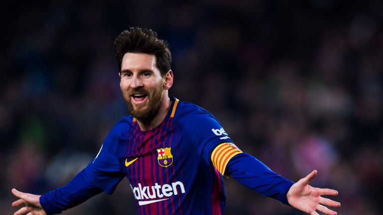 Lionel Messi of FC Barcelona celebrates after scoring his team's third goal during the La Liga match between Barcelona and