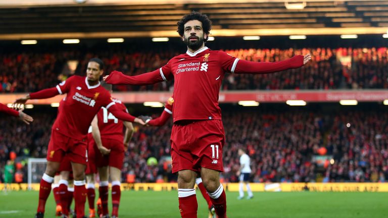 Mohamed Salah celebrates after scoring the first of his two goals against Spurs