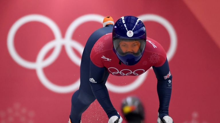 Lizzy Yarnold starts her womens skeleton training session at the Olympic Sliding Centre