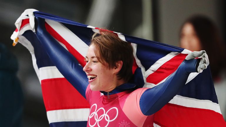 PYEONGCHANG-GUN, SOUTH KOREA - FEBRUARY 17:  Lizzy Yarnold of Great Britain celebrates as she wins gold during the Women's Skeleton on day eight of the Pye