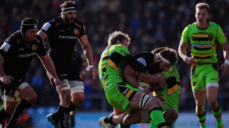  Luke Cowan Dickie of Exeter Chiefs is stopped by the Northampton defence