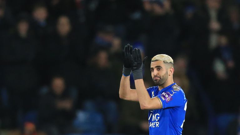 Leicester City's Algerian midfielder Riyad Mahrez reacts as he is substituted during the English FA Cup fifth round football match between Leicester City a