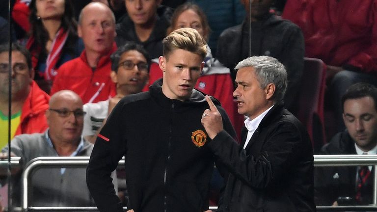 Jose Mourinho speaks to Scott McTominay