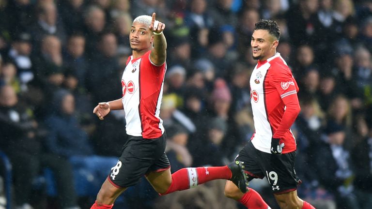 Mario Lemina of Southampton celebrates after scoring his sides first goal with Sofiane Boufal of Southampton 