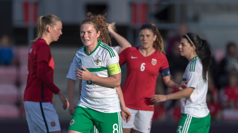 FREDRIKSTAD, NORWAY - SEPTEMBER 15: Captain Marissa Callaghan, Jessica Foy  of NI  during the FIFA 2018 World Cup Qualifier between Norway and Northern Ire