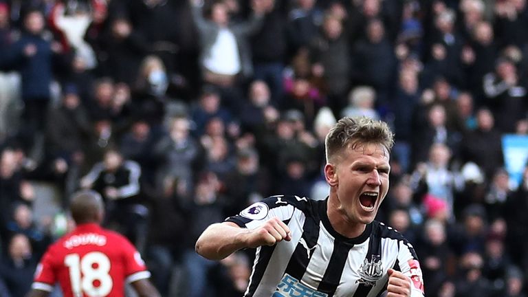 Matt Ritchie of Newcastle United celebrates after scoring his sides first goal during the Premier League match against Man Utd