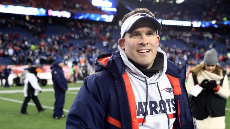 FOXBOROUGH, MA - JANUARY 13:  Offensive Coordinator Josh McDaniels of the New England Patriots reacts after winning the AFC Divisional Playoff game against