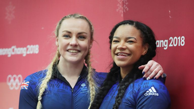 Mica McNeill and Mica Moore of Great Britain bobsleigh team at 2018 Winter Olympics in Pyeongchang.
