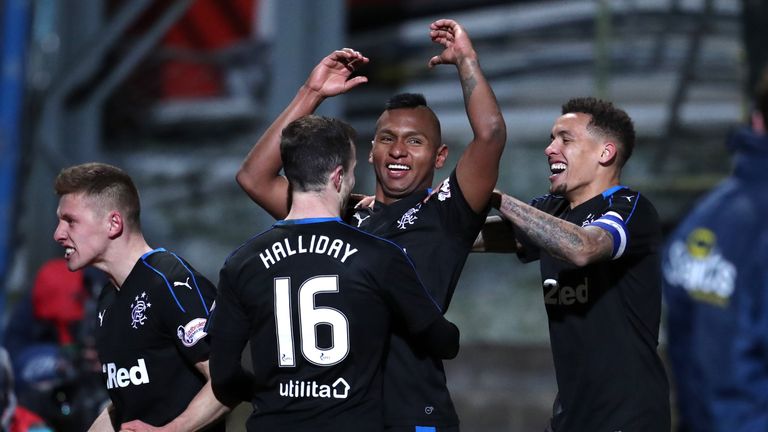 Rangers' Alfredo Morelos celebrates scoring his side's fourth goal of the game during the Ladbrokes Scottish Premiership match at McDiarmid Park, Perth.